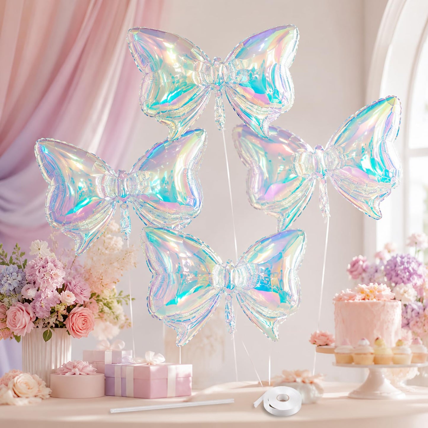 Iridescent Bow Balloons, 4 Pcs Clear Rainbow Holographic Foil Balloons