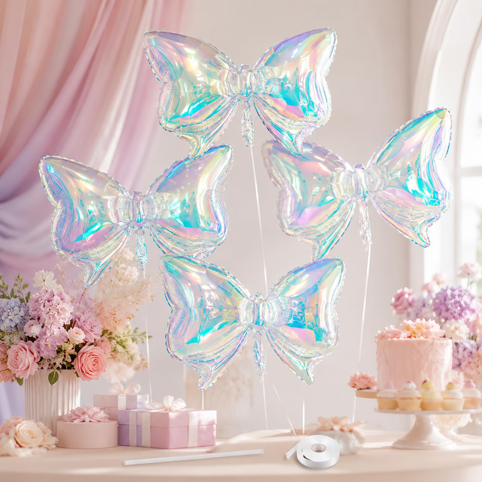 Iridescent Bow Balloons, 4 Pcs Clear Rainbow Holographic Foil Balloons