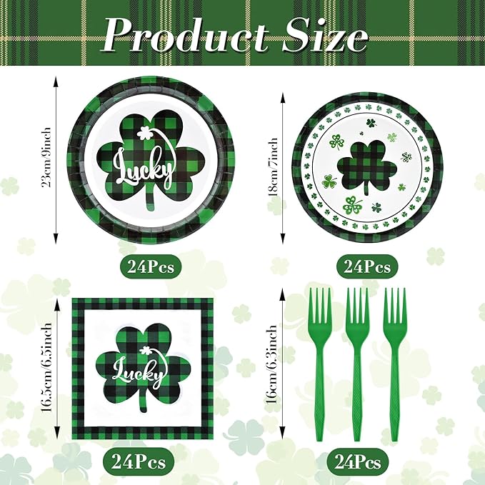 96 Pieces St Patrick's Day Tableware Set Green and Black Plaid