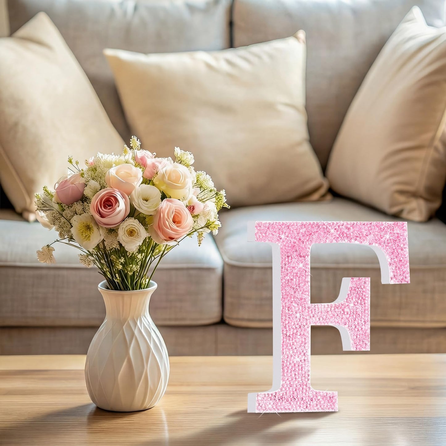 Qunclay Pink Crystal Diamond Letter Wall Decor, Glitter Wooden Bling