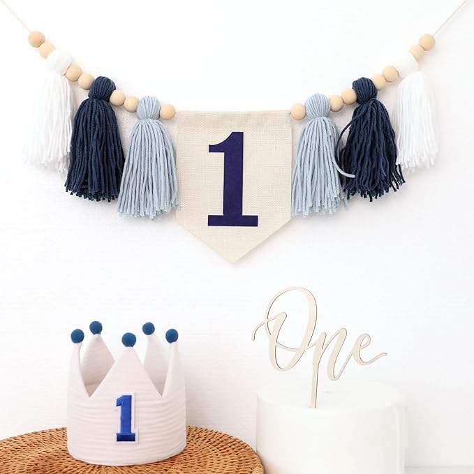 1st Birthday Decoration Blue And White High Chair Banner For Boy