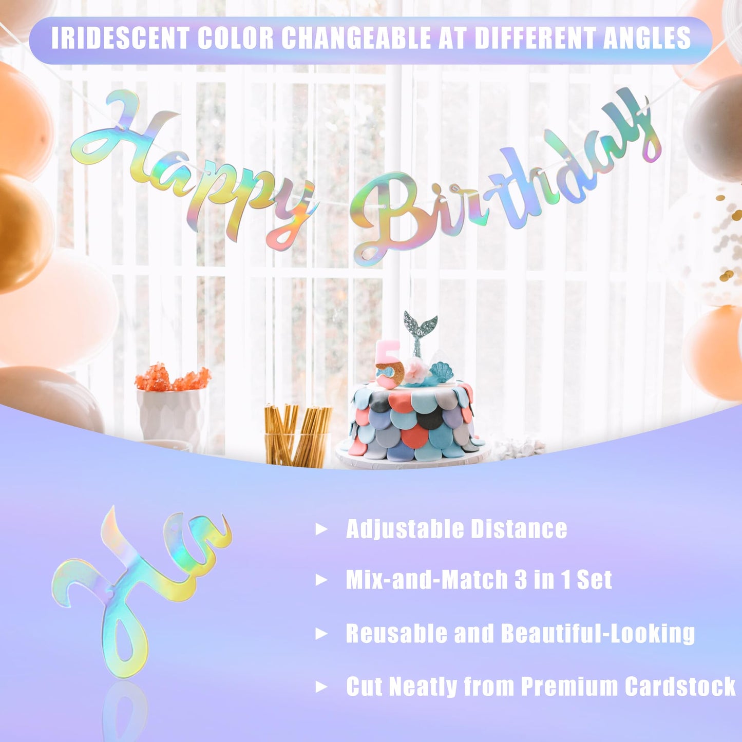 CANREVEL 3 PCS Iridescent Happy Birthday Banners, Hanging Star Garland