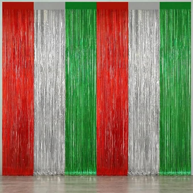 2 Pack Christmas Backdrop, Red Silver Green Party Streamer, Metallic