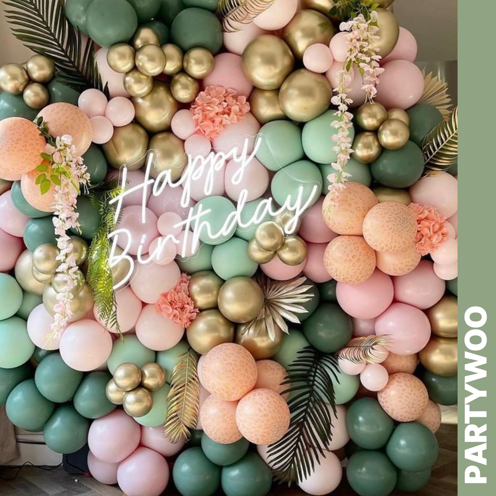 PartyWoo Pink and Green Balloons 65pcs 12 Inch Metallic Gold Sand