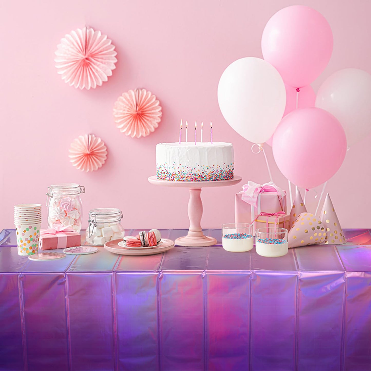 6 Pack Ombre Iridescent Pink and Purple Plastic Tablecloths, Shiny