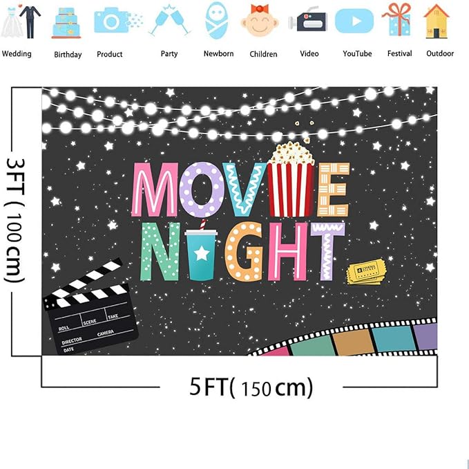Popcorn Movie Night Birthday Party Backdrop String Lights Stars