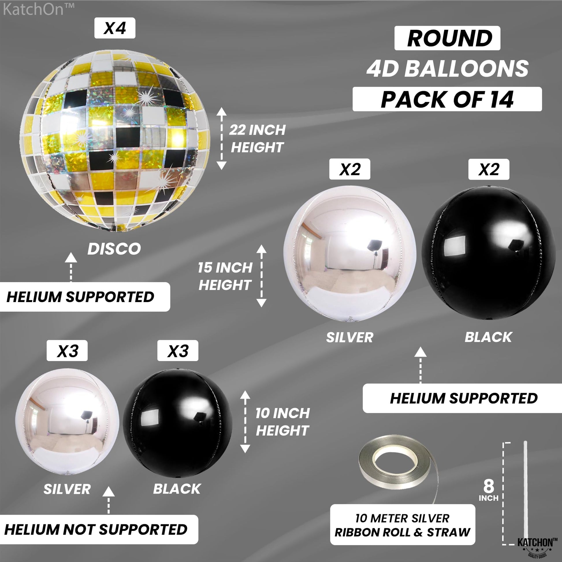 KatchOn, Disco Ball Balloons - Big 22 Inch, Pack of 14 | Black and