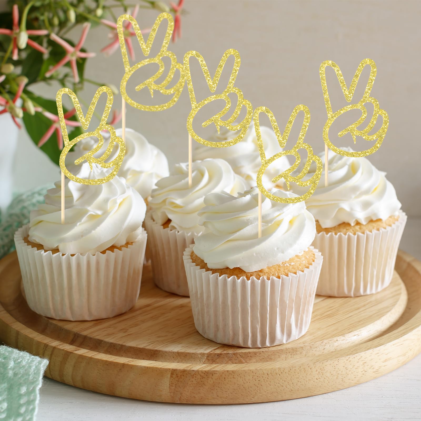 Spakon 24 Pcs Peace Sign Cupcake Toppers Glitter Peacekeeper Cupc Gold