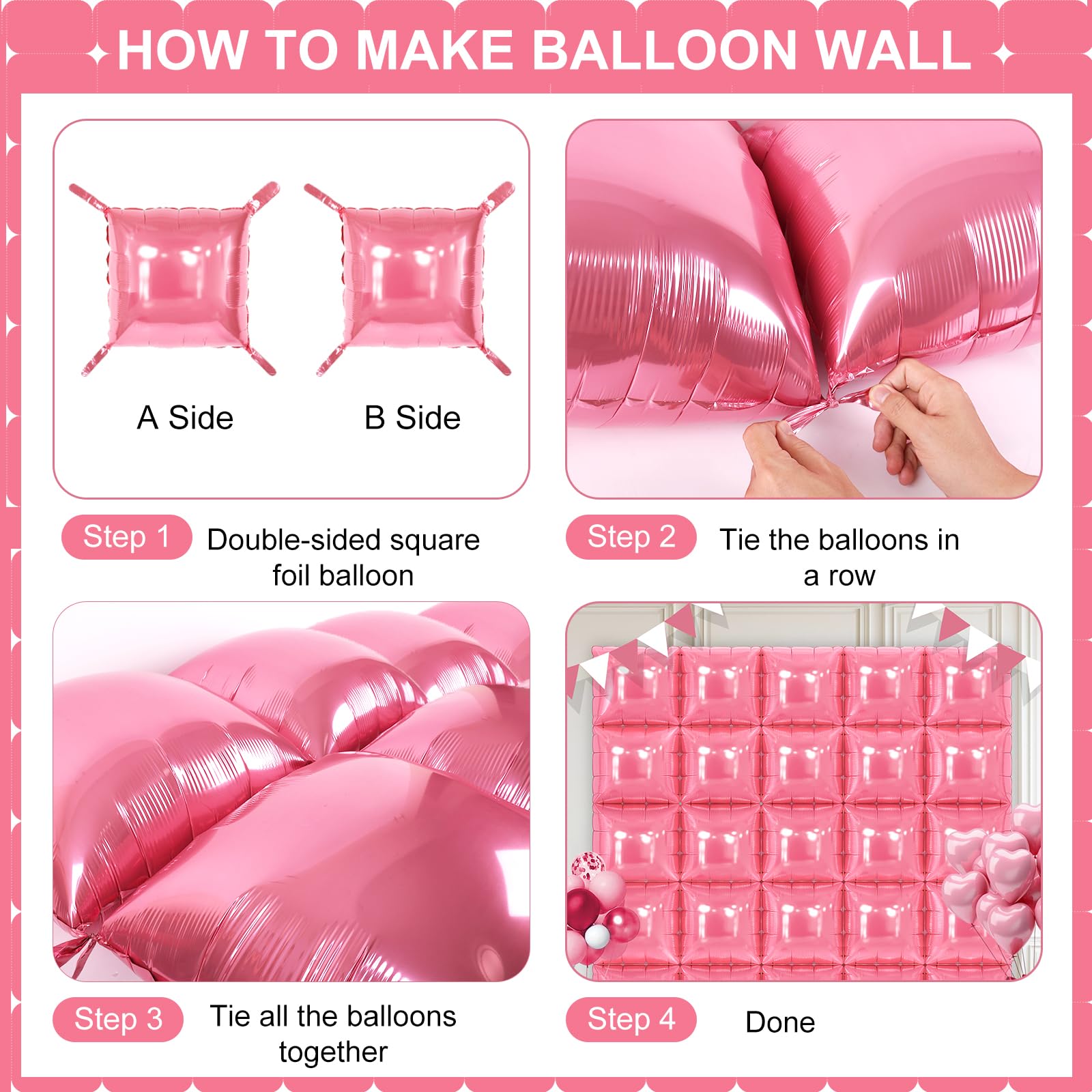 Pink Square Foil Balloons 25 Pcs Metallic Pink Balloons Wall Backdrop