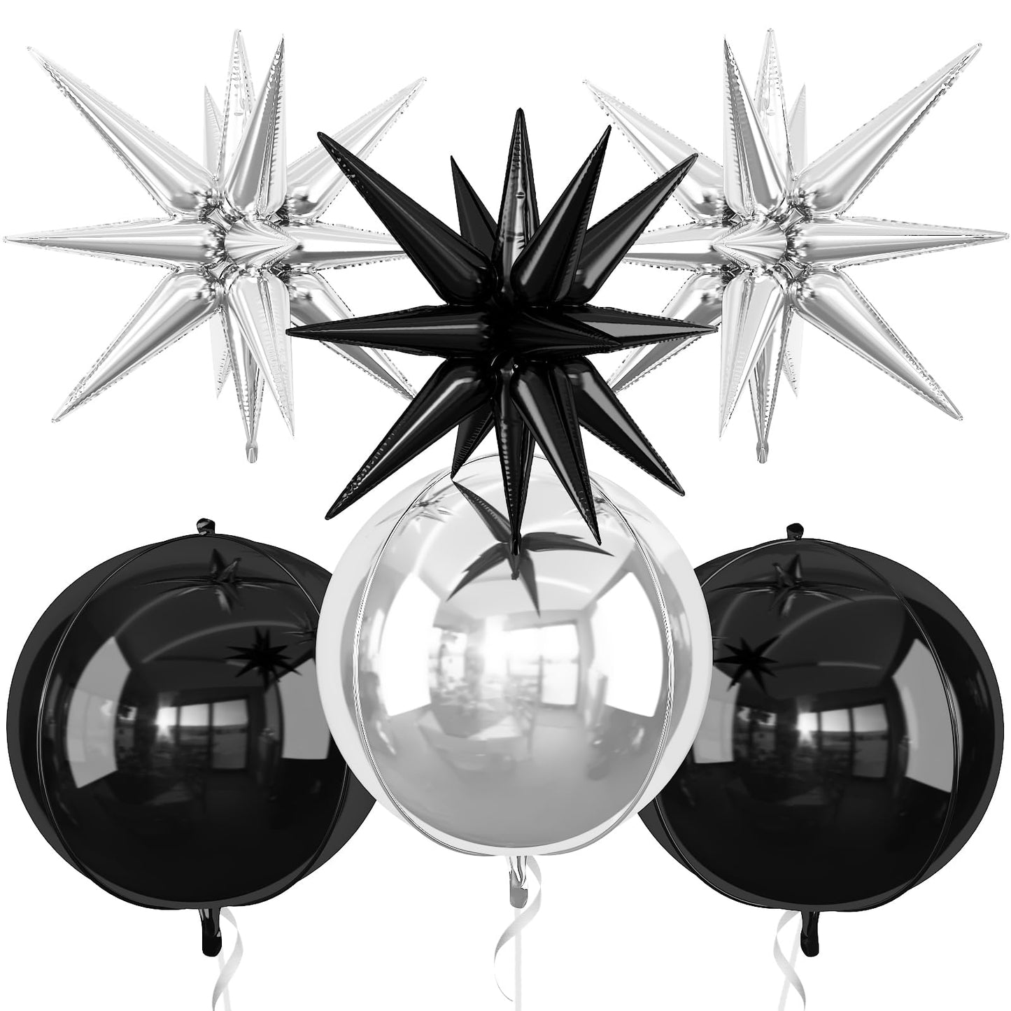 6Pcs Black Silver Foil Balloons,22Inch Black Silver 4D Round Ball