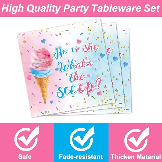 96PCS Ice Cream Gender Reveal Party Paper Tableware What's the Scoop