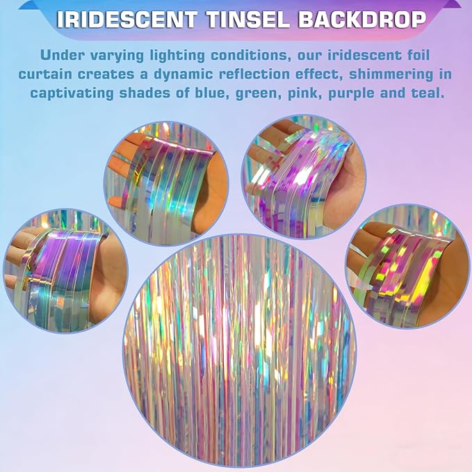 Iridescent Clear Tinsel Curtain Backdrop, 3.28 x 8ft Extra Long