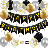 Happy Birthday Banner, Black Gold Birthday Decoration, 16 Pcs 12in
