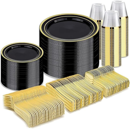 BESTVIP 600PCS Black Gold Dinnerware Set for 100 Guests, Plastic