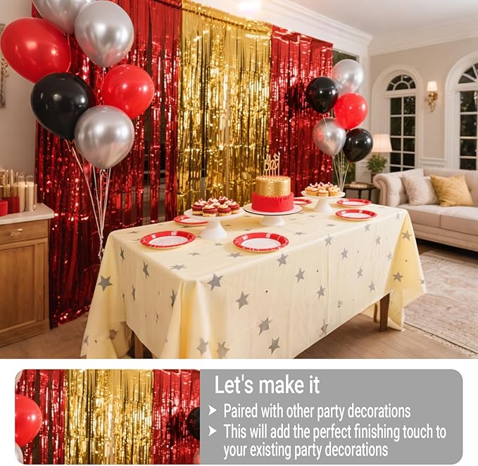 3 Packs Red Gold Foil Fringe Curtains Extra Wide 9.9ft for Birthday