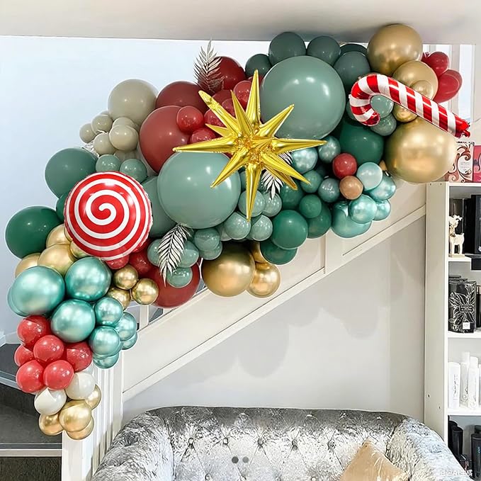 Christmas Balloon Arch Red Dark Green Gold Balloons with Candy Cane