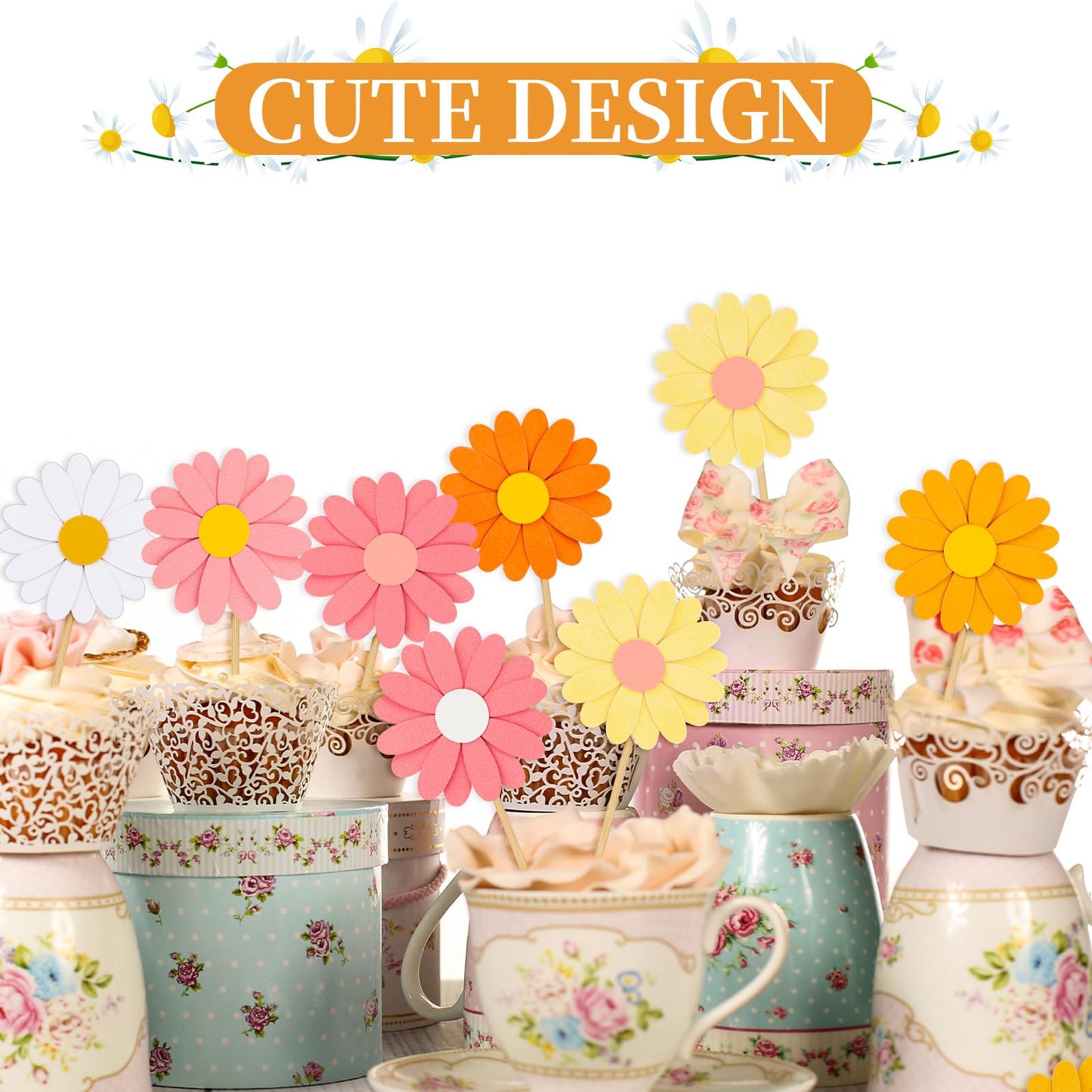 Henoyso 48 Pcs Daisy Cupcake Toppers Groovy Spring Flower Cake Topper