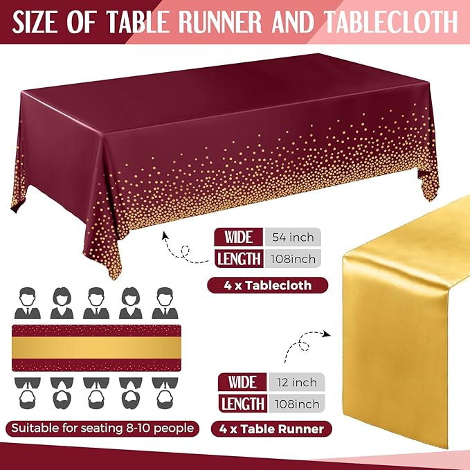 Breling 8 Pack Burgundy and Gold Disposable Plastic Tablecloths and