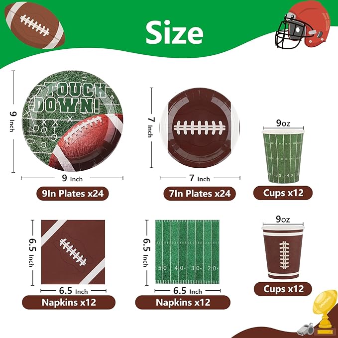 Football Party Supplies Set for 24 Disposable Paper Plates and