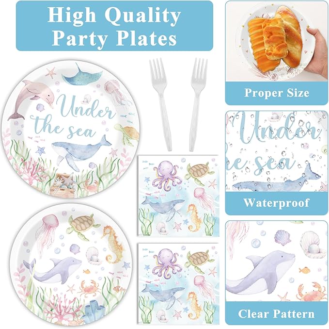 96 Pcs Under the Sea Party Decorations Ocean Plates and Napkins Sea