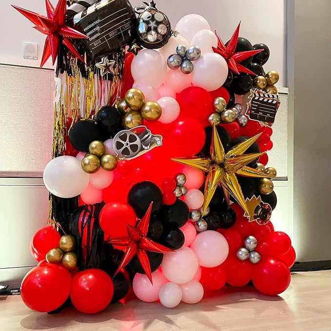 Movie Night Balloon Garland Arch Kit 134pcs Black Red Chrome Gold