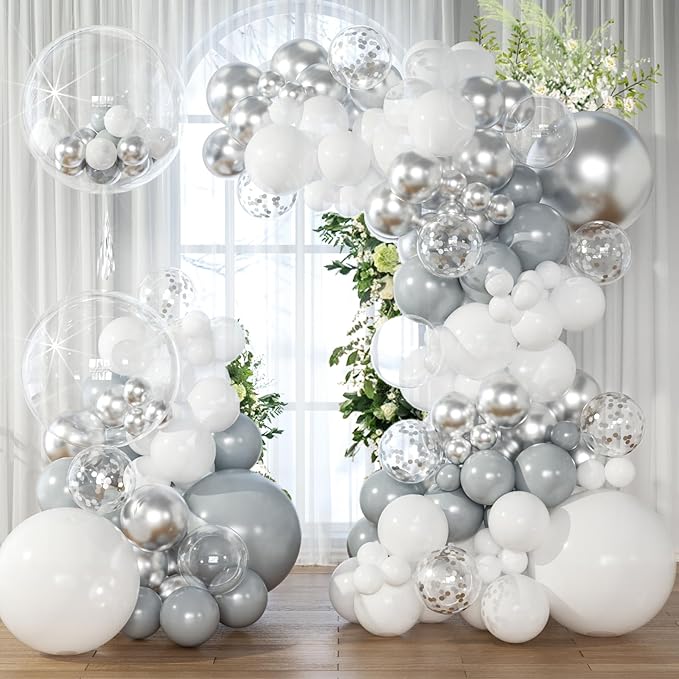KARLURE White Silver Balloon Arch Kit Garland with Grey Clear