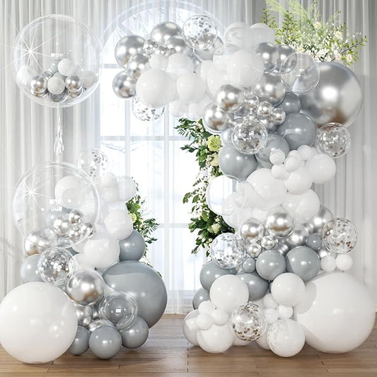 KARLURE White Silver Balloon Arch Kit Garland with Grey Clear