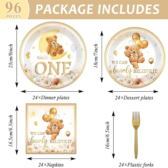96Pcs Beary First Birthday Decorations Plates Sets 1st Teddy Bear