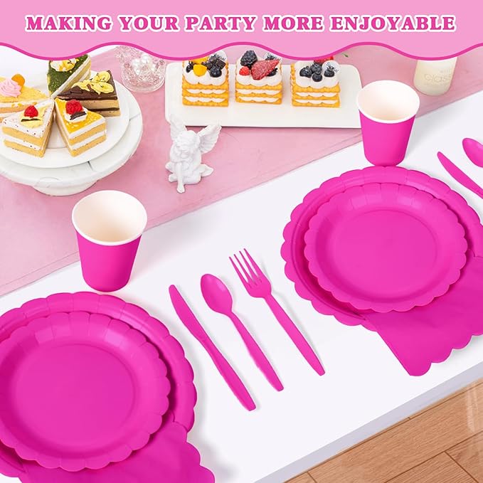 Vyntra 350 Pcs Hot Pink Disposable Paper Plates and Napkins Set for