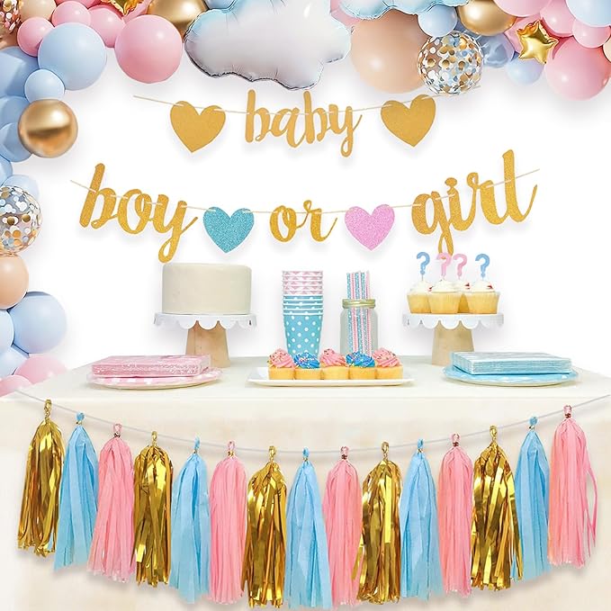 Baby Gender Reveal Decorations Glitter Letters Baby and Boy or Girl