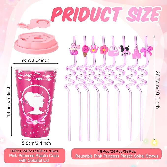 36 Sets Pink Princess Party Favors Goodie Cups with Lids and Straws