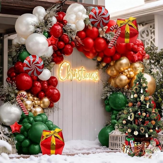 Christmas Balloons Garland Arch Kit Double Stuffed Dark Green Red