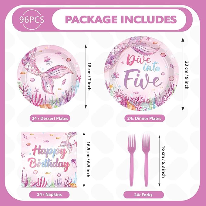 96Pcs Mermaid 5th Birthday Party Supplies Dive Into Five Party
