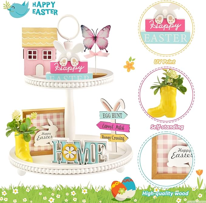 Spring Easter Decorations 8 Pieces Tiered Tray Decor Set Cute