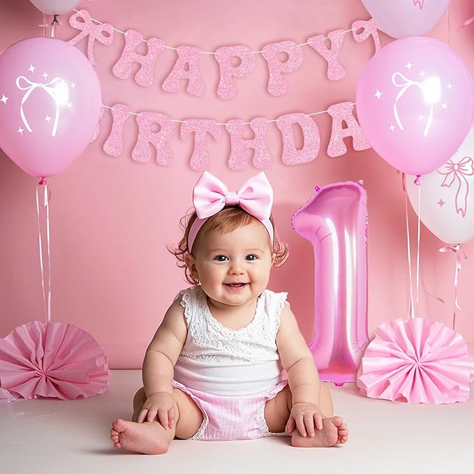 Pink Bow 1st Birthday Decorations Girl Kit Bow Coquette Party