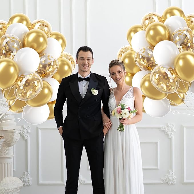 60pcs Gold and White Balloons 12inch, White and Gold Balloons with