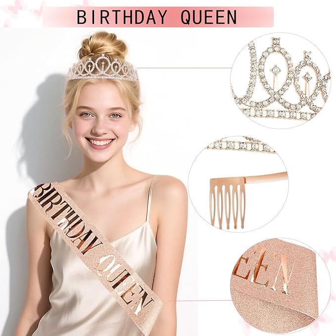Rose Gold Birthday Decor Kit for Girls Women Backdrop Sparkle Crown