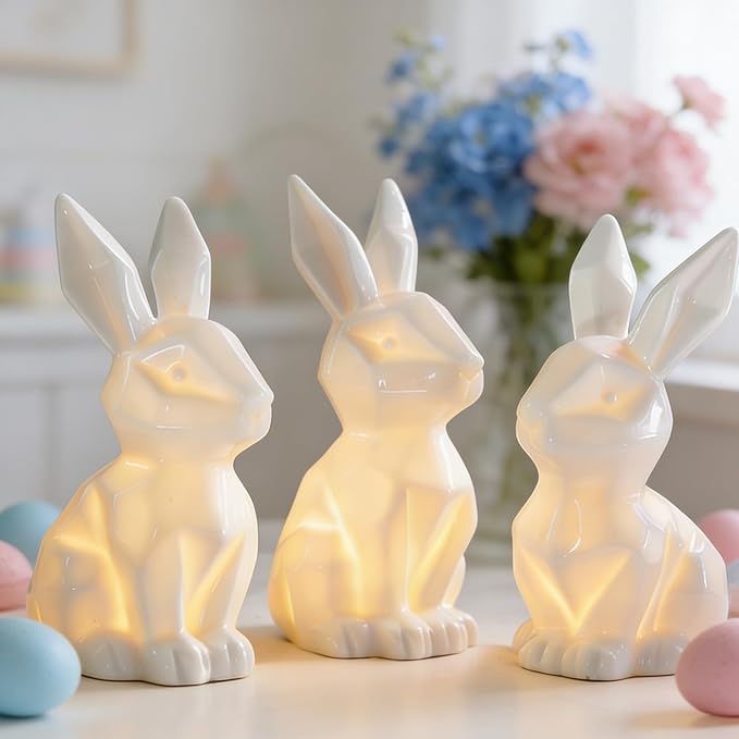 3 Pack Easter Bunny Decorations Ceramic White Rabbit Statues