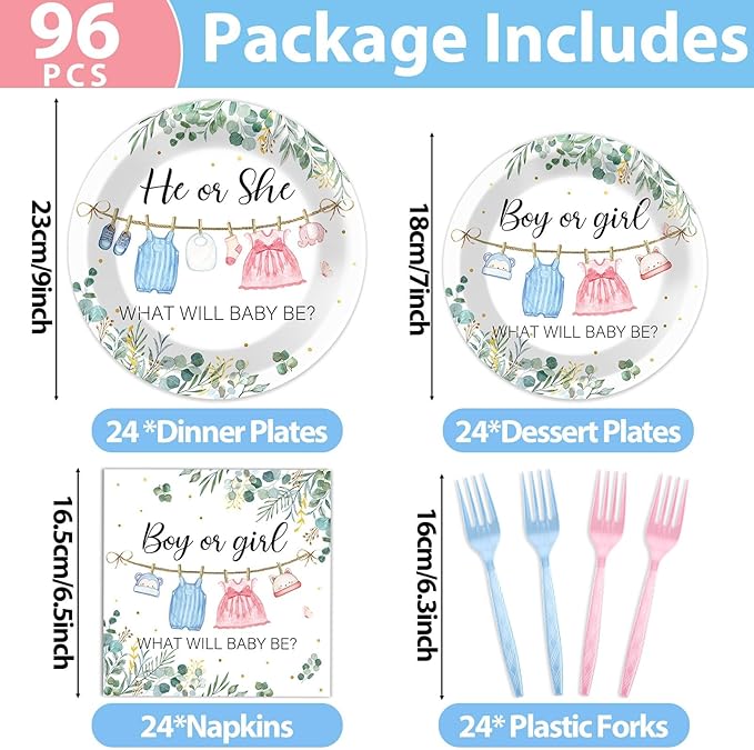 96Pcs Greenery Gender Reveal Party Decorations for Boy or Girl Baby