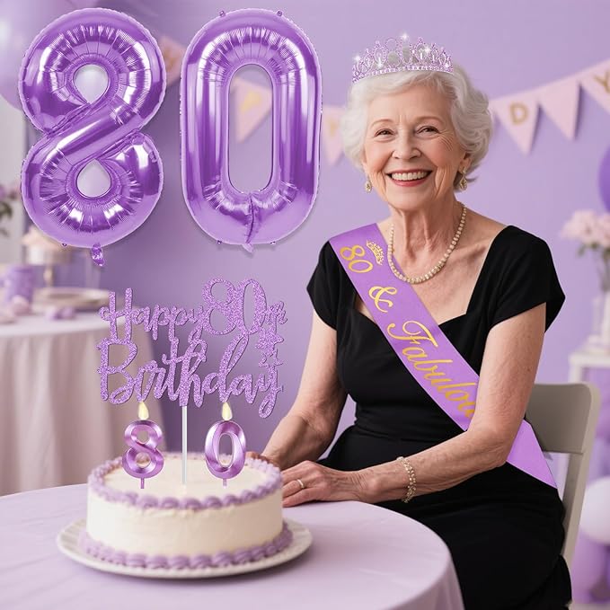 80th Birthday Decorations for Women Purple with 80th Birthday Sash