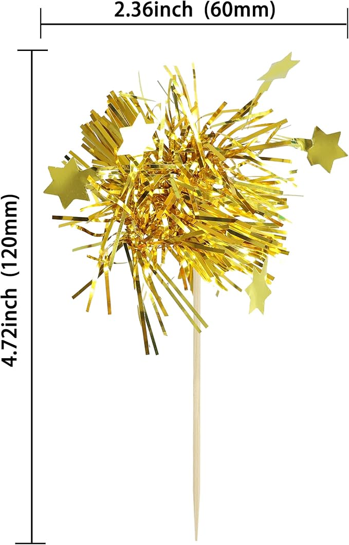 Gyufise 30Pcs Star Foil Firework Cupcake Toppers Sparkle Tinsel Cake