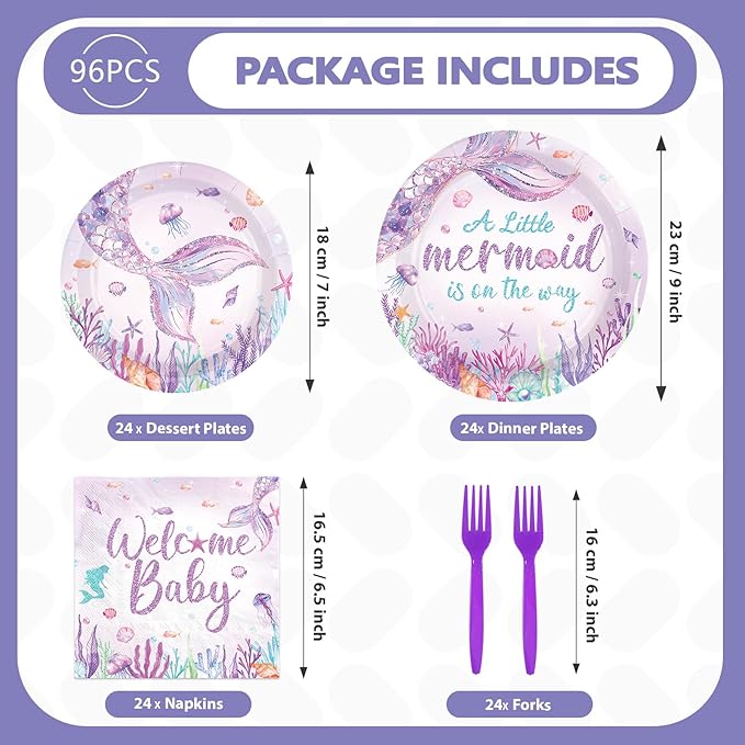 96 Pcs Mermaid Baby Shower Decorations for Girls A Little Mermaid Is