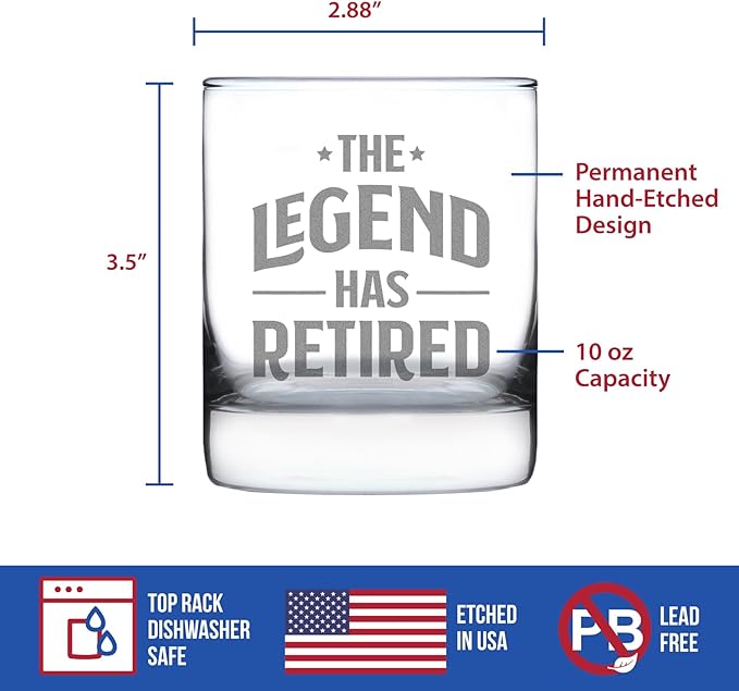 The Legend Has Retired Whiskey Rocks Glass Funny Retirement Gifts