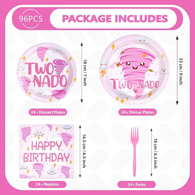 96Pcs Two Nado Party Supplies Pink Tornado 2nd Birthday Plates and