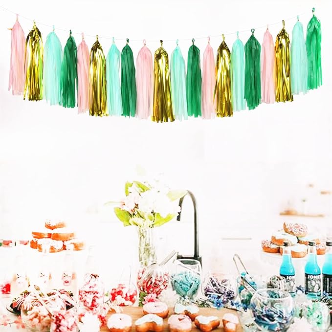 Sage-Green Pink-Gold Party-Decorations Tassel Garland - 20pcs