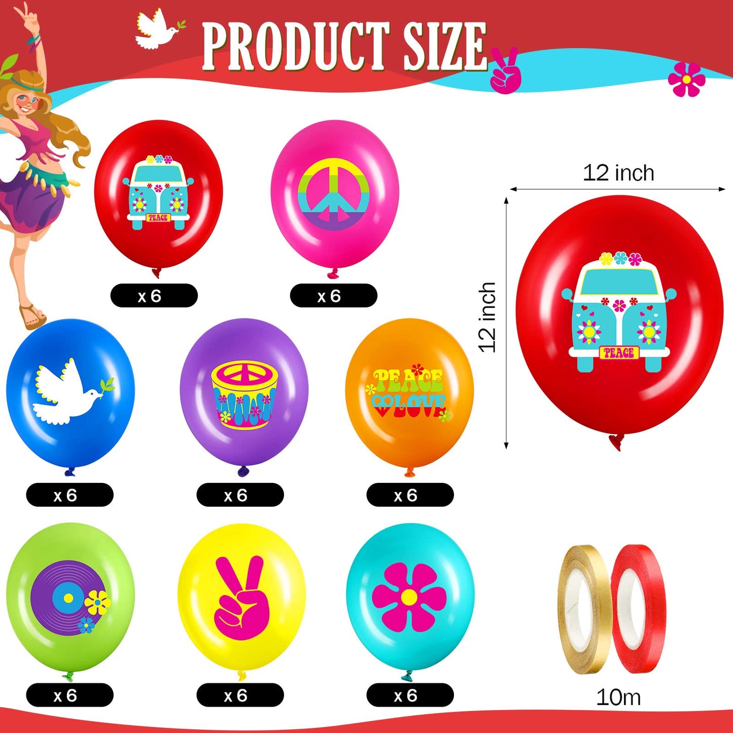 Aoriher 40 Pack 60's Hippie Balloons Party Decorations, 12 Inch Retro