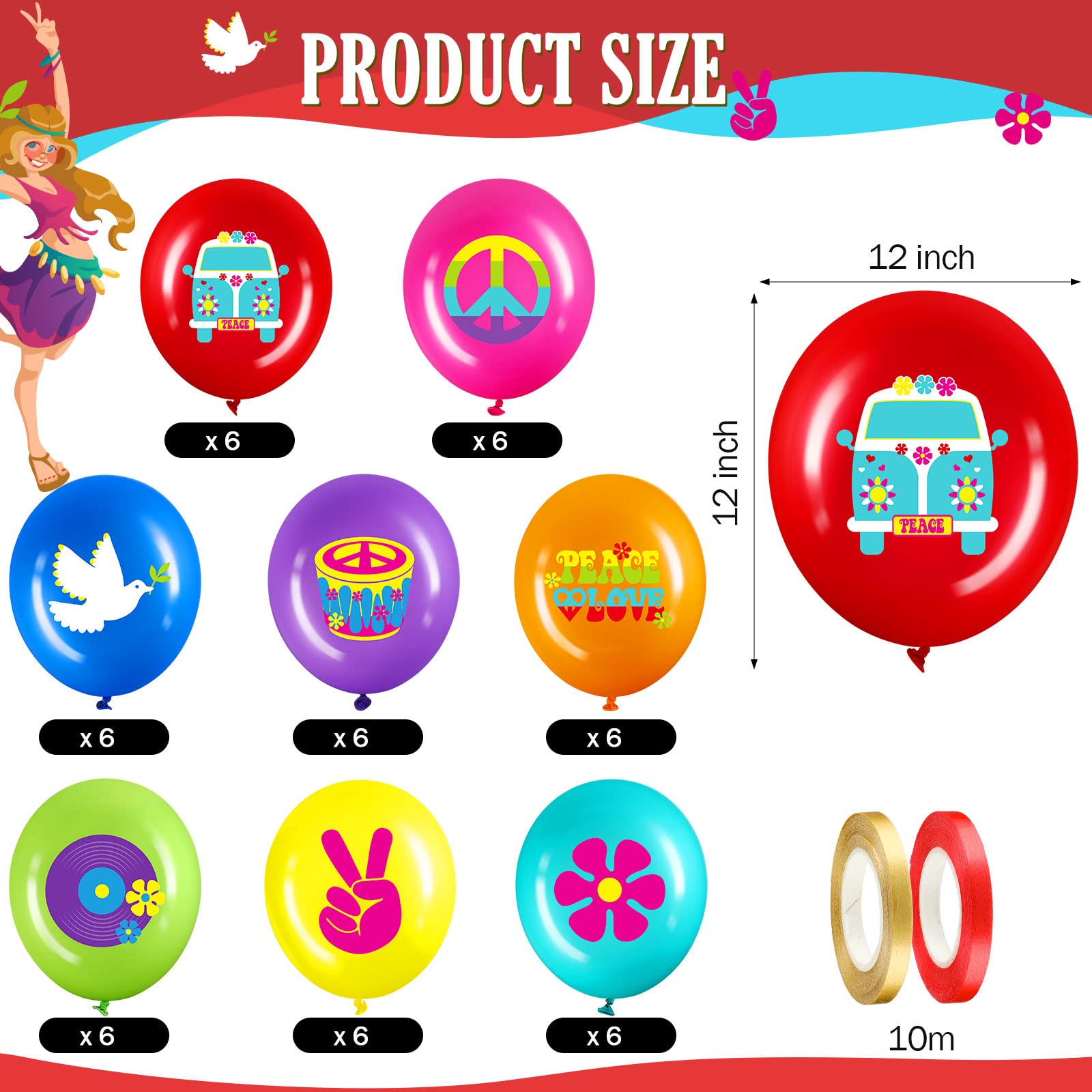 Aoriher 40 Pack 60's Hippie Balloons Party Decorations, 12 Inch Retro