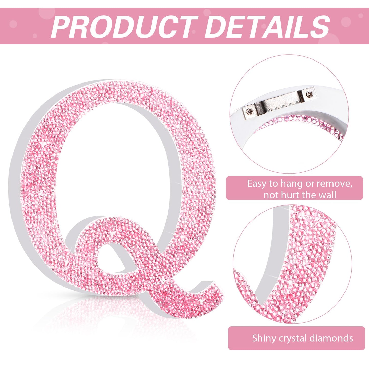 Qunclay Pink Crystal Diamond Letter Wall Decor, Glitter Wooden Bling