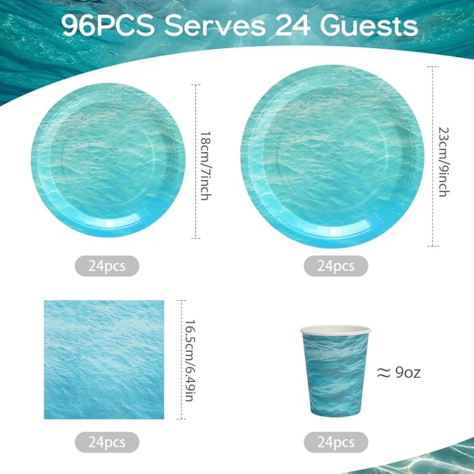 96Pcs Ocean Waves Plates Party Supplies Under the Sea Paper Plates