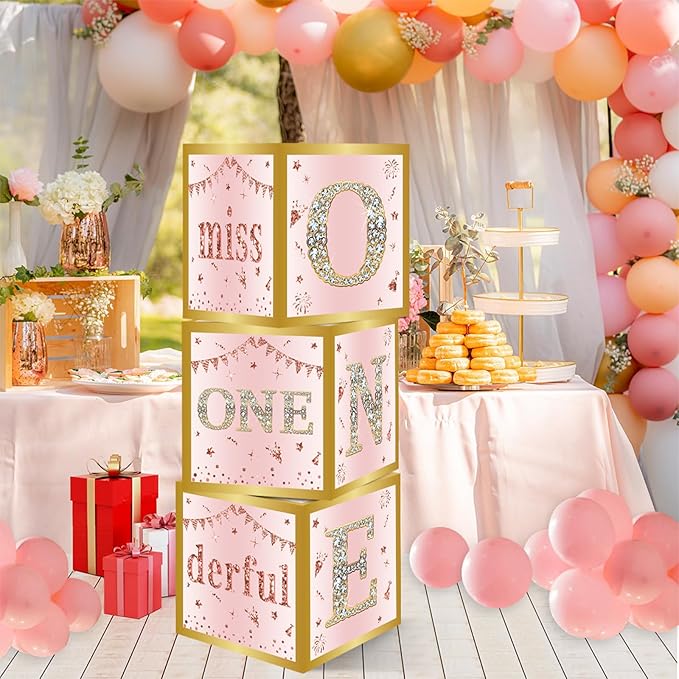 DataMoon 1st Birthday Decorations Boxes for Baby Girl - 3PCS Pink